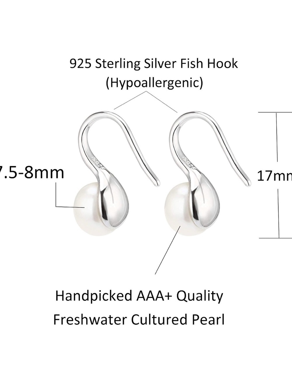 Elegant 925 Sterling Silver Pearl Dangle Drop Earrings - White Pearl - Picture 7 of 7